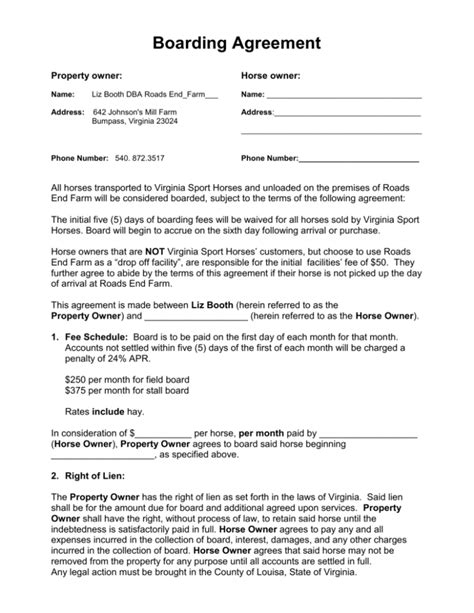 Printable Boarding Agreement Template